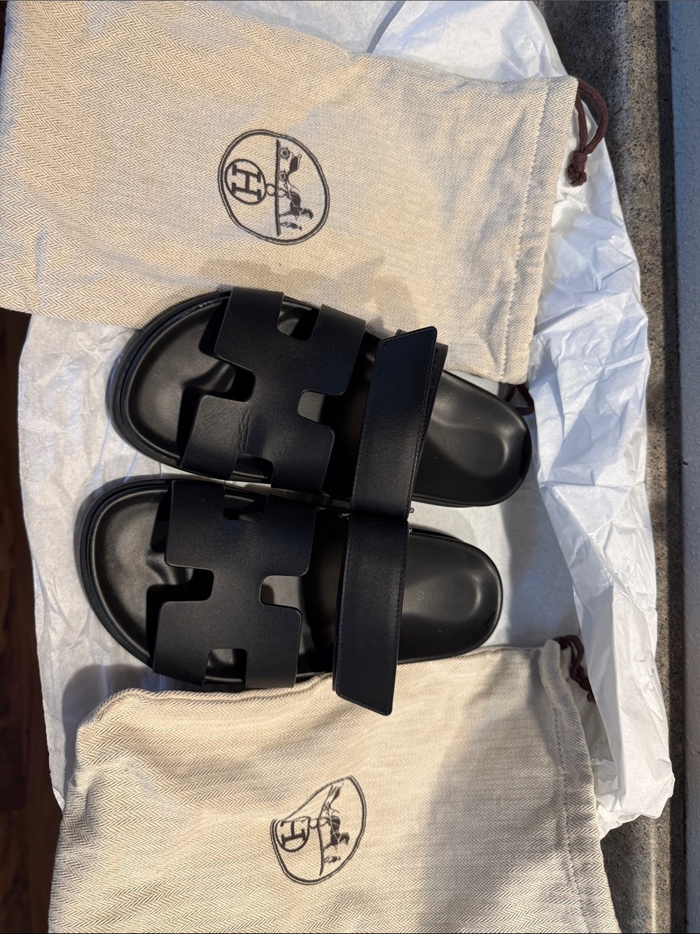 Hermes Black Leather Slide Sandals